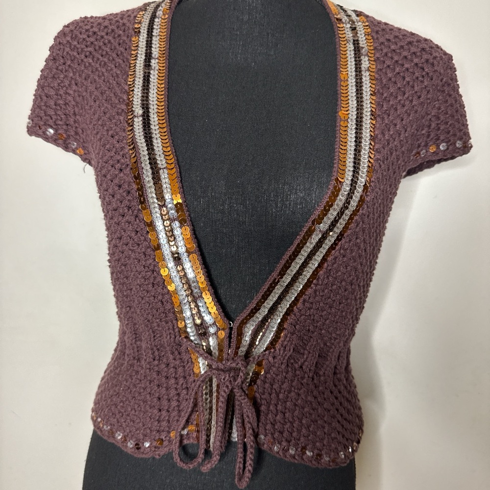 Y2K Bebe Brown Sequin Knit Tie Front Cardigan – Size M - Picture 3 of 6